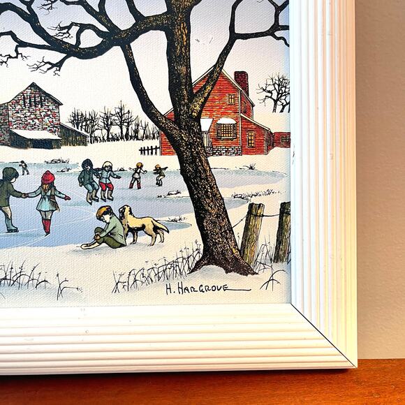 H. Hargrove The Ice Skating Pond Country Scene Framed Oil Painting Canvas Signed - Picture 5 of 15